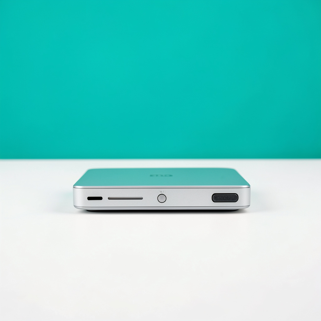 Crisp studio photograph of a small silver consumer DVD player on a seamless soft white backdrop, with calm neutral light
