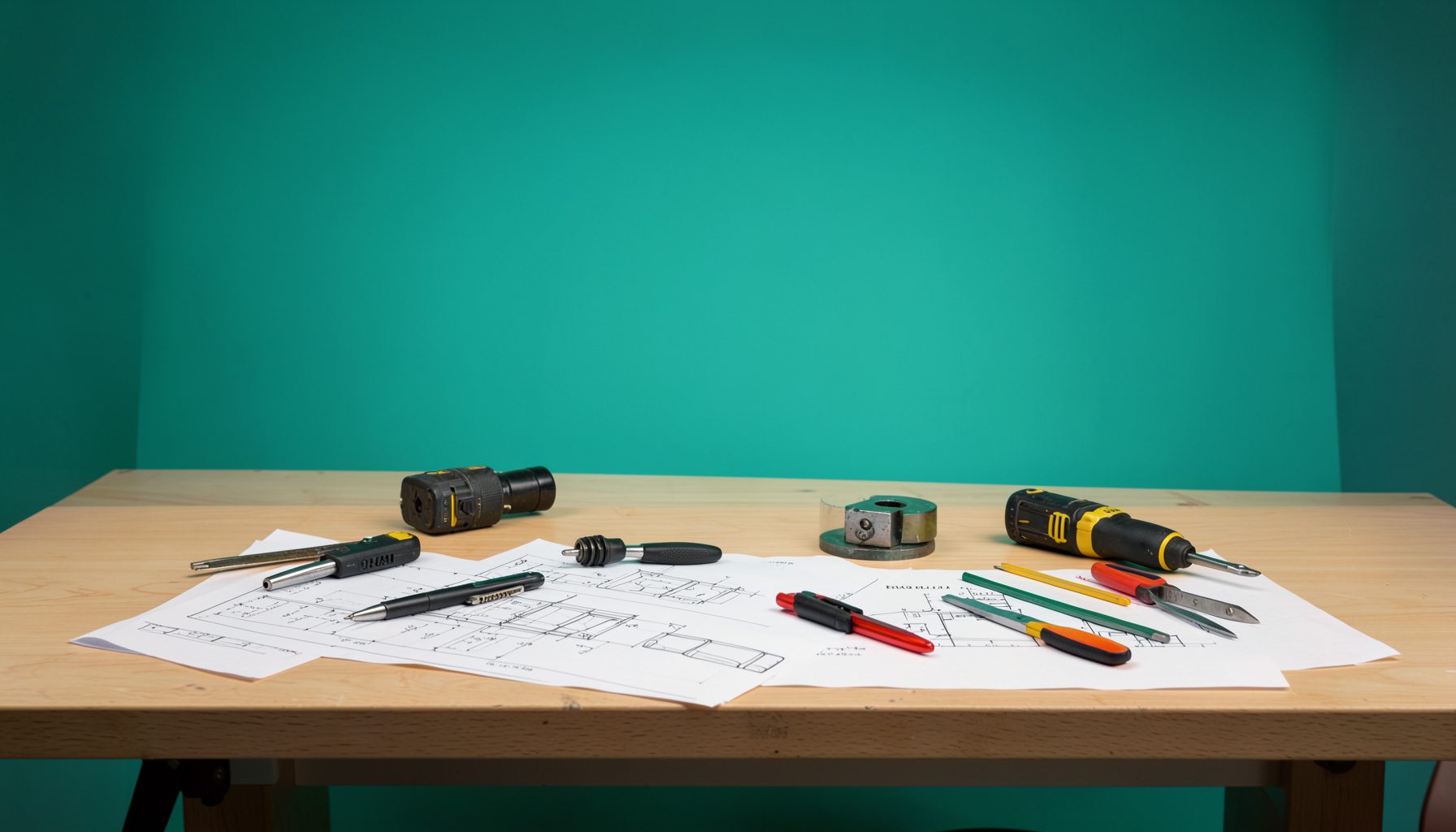 A neatly arranged workshop bench with a cordless drill, measuring tools, and technical drawings spread across the surface